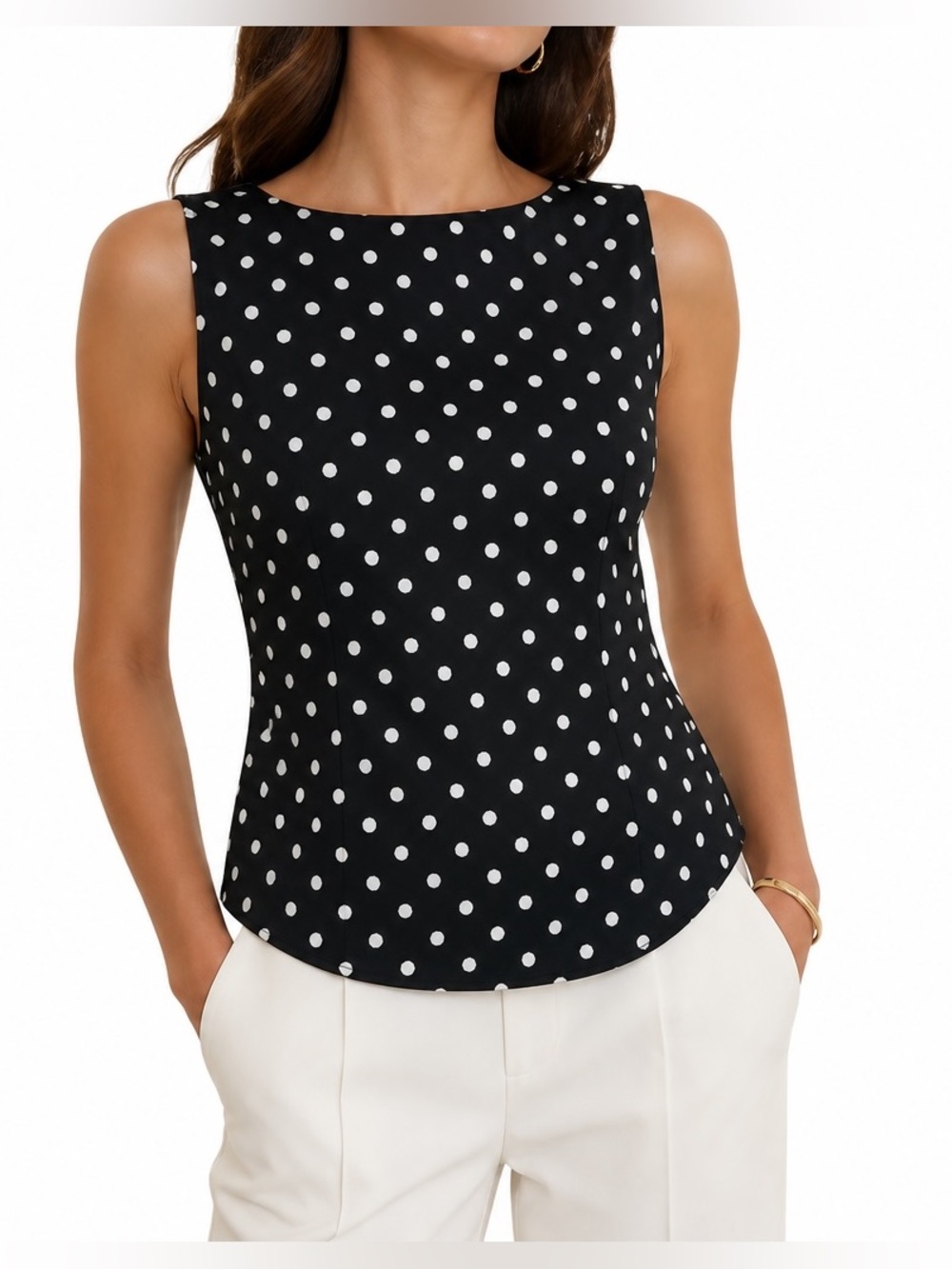 Lane Bryant Black and White Polka Dot V-Neck Sleeveless Top